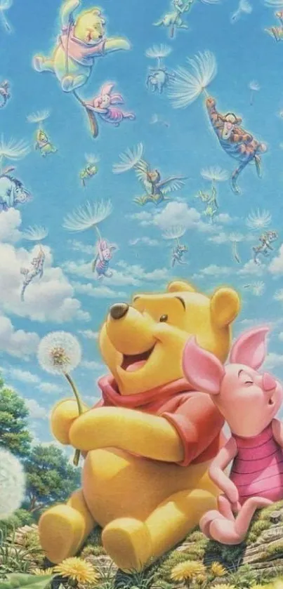 Cartoon characters with dandelions under a bright blue sky.