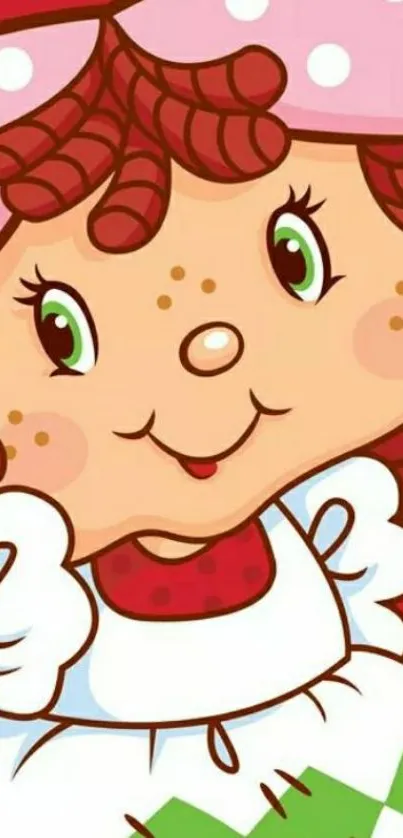 Whimsical cartoon character with curly hair and freckled cheeks in vibrant colors.