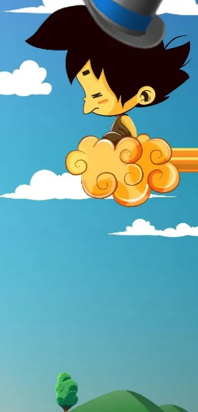 Cartoon character flying on cloud against blue sky.