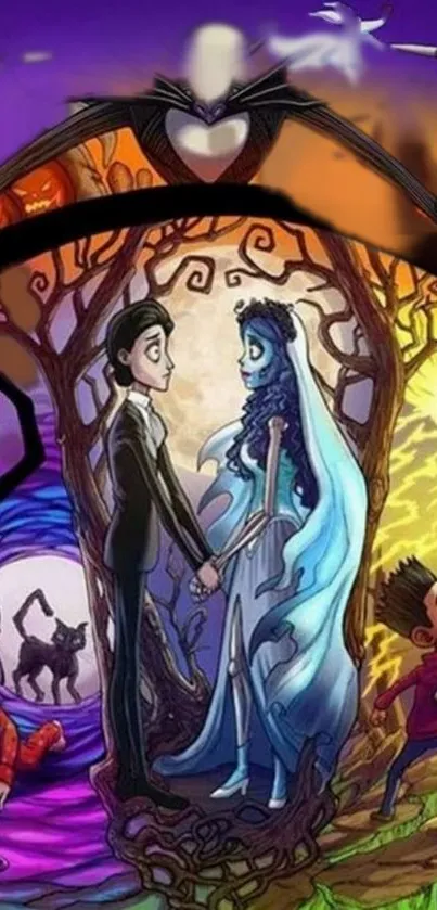 Cartoon couple holding hands in a colorful fantasy scene.