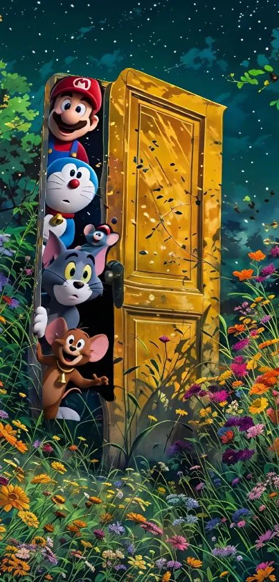Cartoon characters peek through a yellow door into a starry, vibrant flower garden.