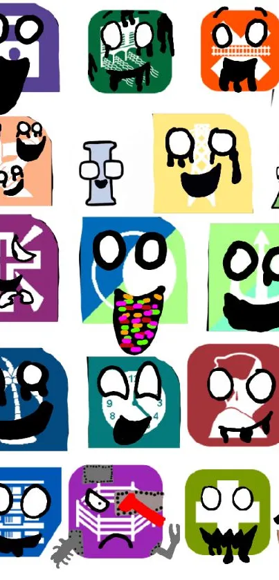 Cartoon faces in colorful squares on a light blue background mobile wallpaper.