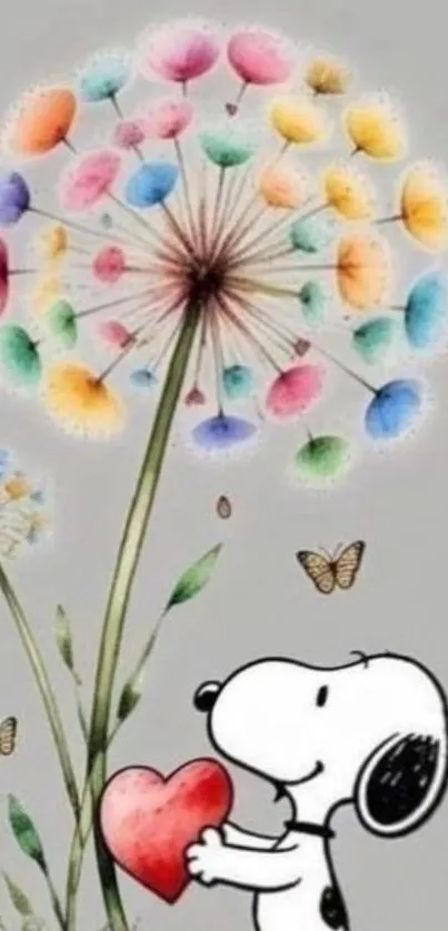 Cartoon dog with heart and colorful flowers.