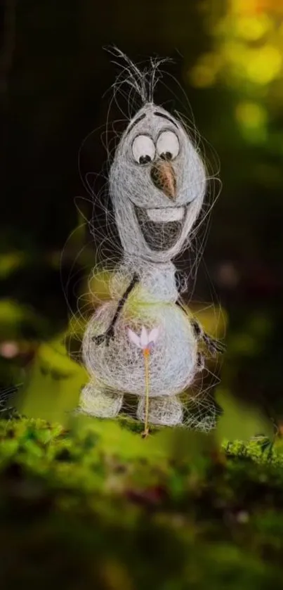 Whimsical cartoon character in a forest setting.