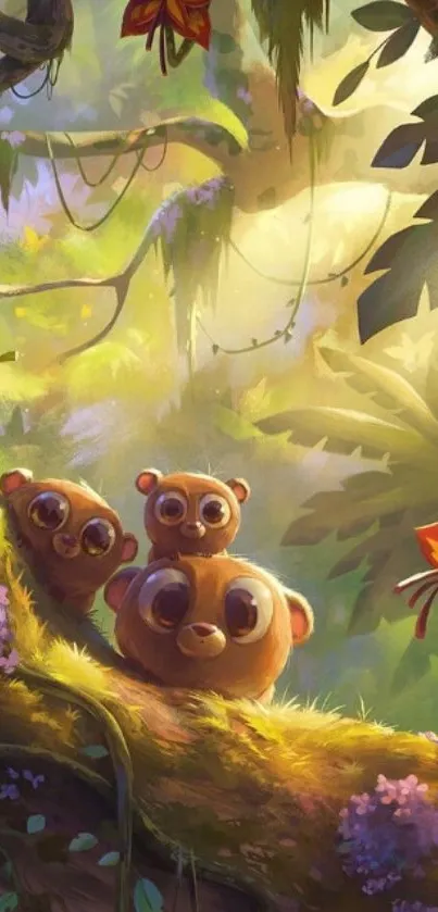 Cartoon forest creatures in a vibrant jungle setting with lush greenery and flowers.