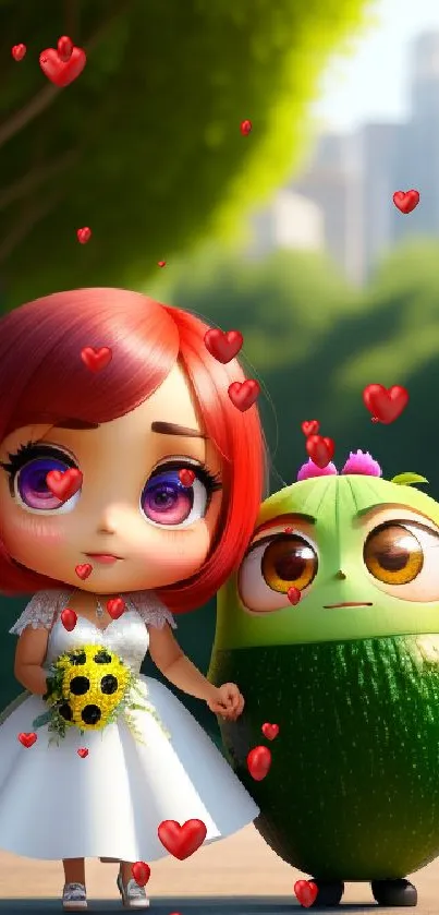 Charming cartoon characters on a vibrant green background.