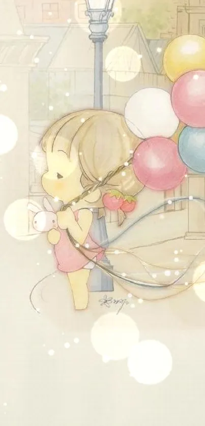 Whimsical cartoon girl with balloons in pastel cityscape.