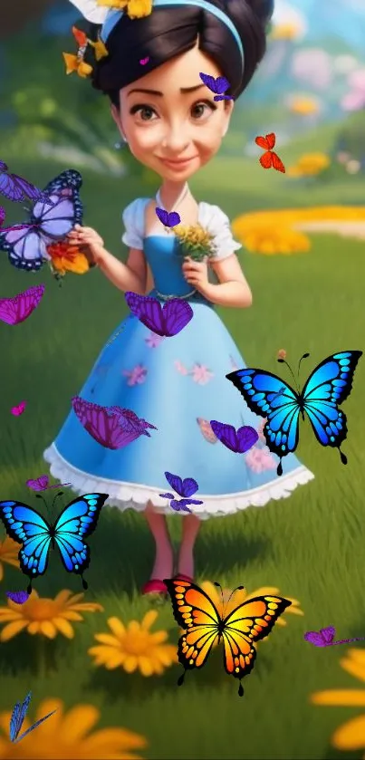 Cartoon girl with butterflies in a vibrant garden