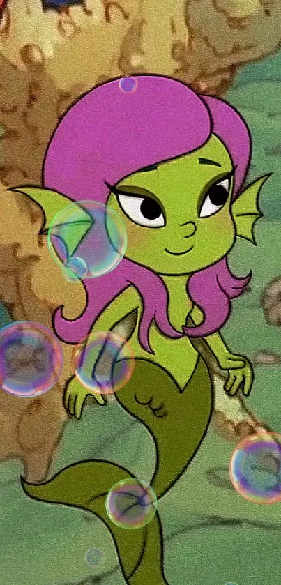 Cartoon mermaid swimming in magical undersea world.