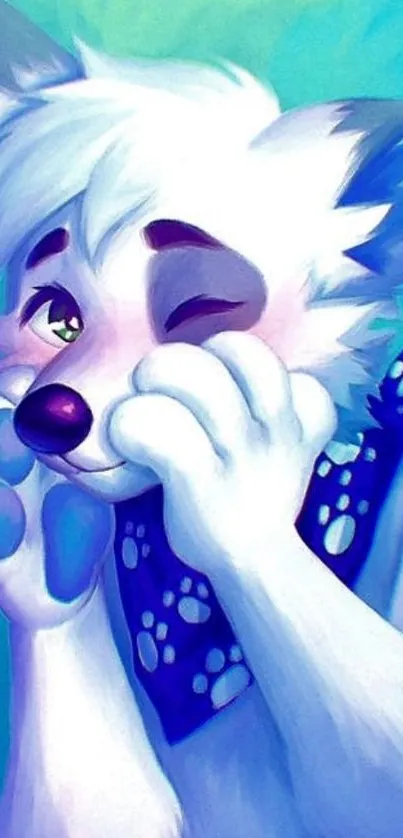 Cute cartoon puppy winking with a blue background.