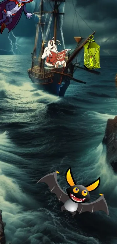 Cartoon ship sails stormy seas with animated characters.