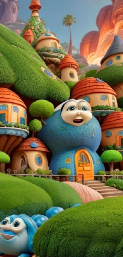 Whimsical cartoon village with mushroom houses and lush green hills.