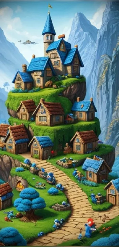 Whimsical cartoon village with blue-roofed houses on a mountain path.