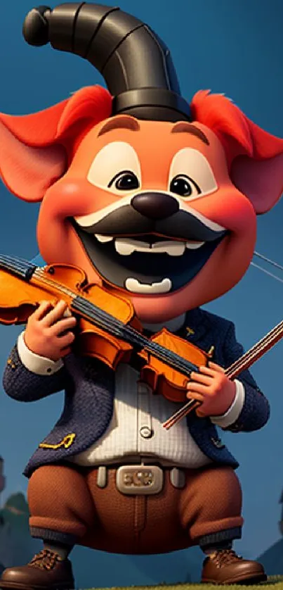 Playful cartoon character with violin and castle background.