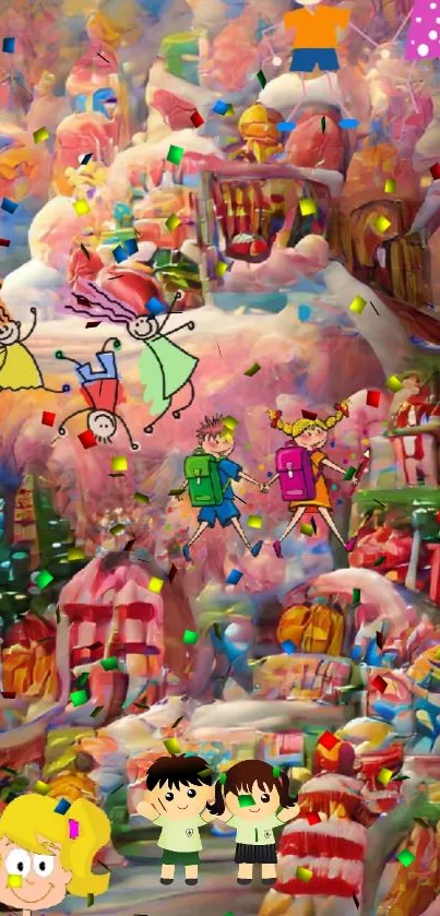 Whimsical cartoon wonderland with colorful characters and festive scenery.