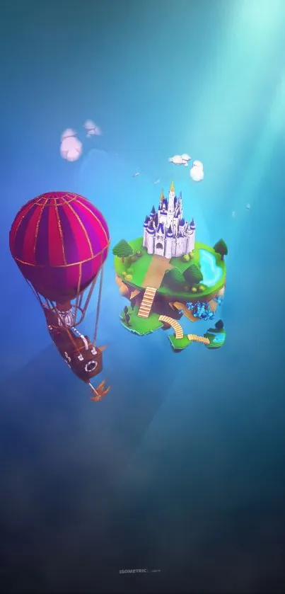 Whimsical wallpaper with balloon and castle floating in a vibrant blue sky.