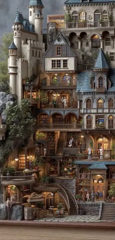 Whimsical castle bookshelf with intricate design.