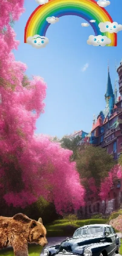 Whimsical scene with castle, rainbow, and bear in a pink landscape.