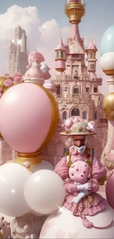 Whimsical fantasy castle with pastel balloons.