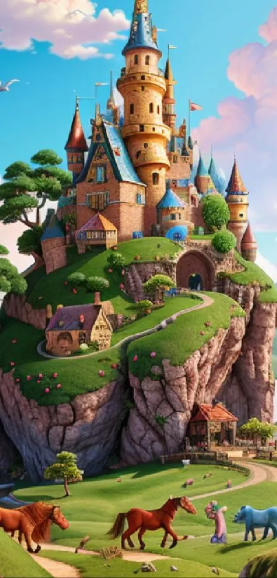 Whimsical castle atop lush mountain with vibrant colors.