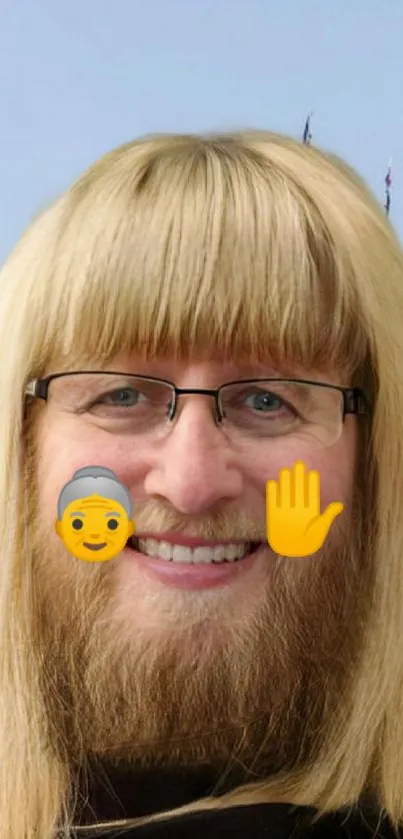 Blonde-bearded person in front of a magical castle with emojis and glasses.