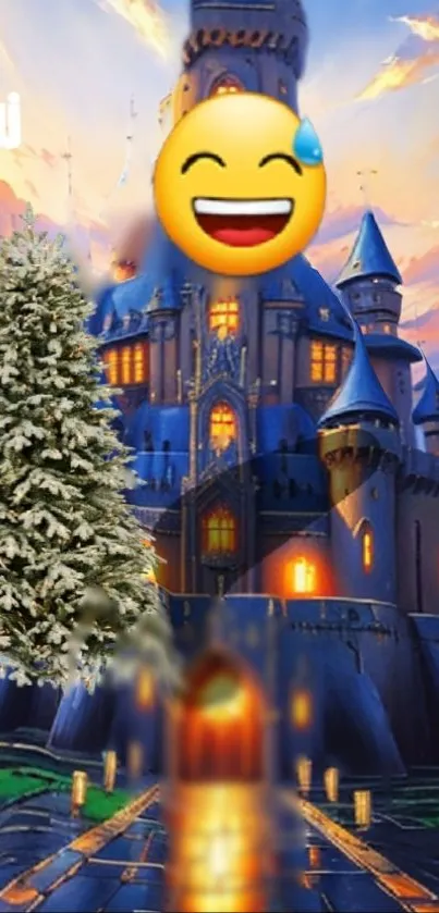 Whimsical castle wallpaper with snowy tree and a smiling emoji.