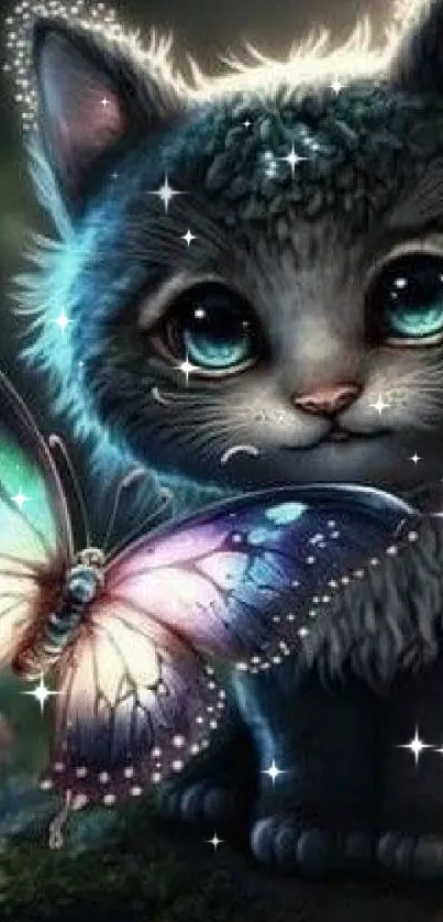 Adorable kitten with butterflies in a magical forest setting, perfect for mobile wallpaper.