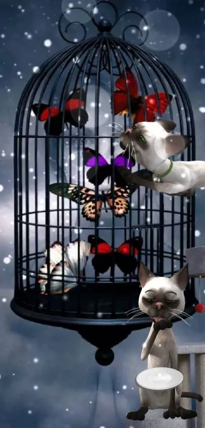 Whimsical wallpaper featuring a cat and colorful butterflies in a birdcage by night.