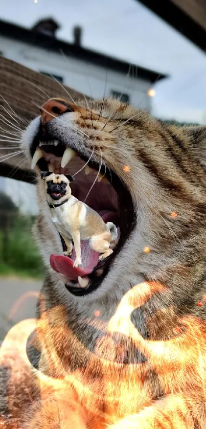 Yawning cat with a small dog image inside its mouth.