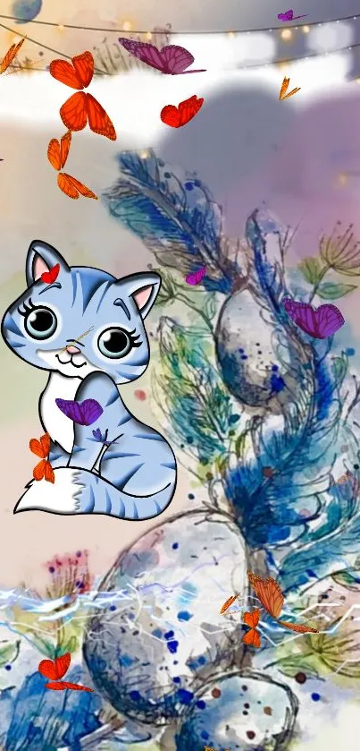 Whimsical cartoon cat with feathers and butterflies on pastel background.