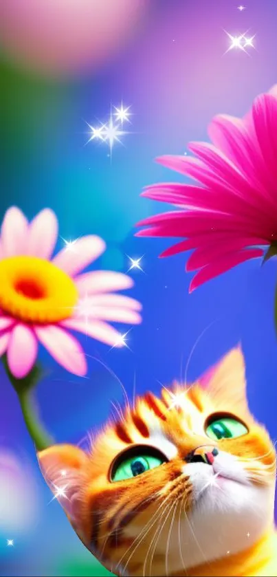 Cute cat with vibrant flowers and blue background.