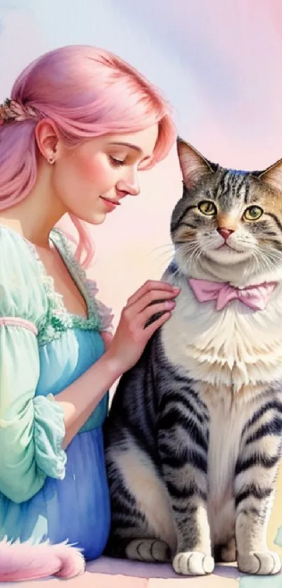 A pink-haired girl with a cat in a pastel artistic wallpaper.