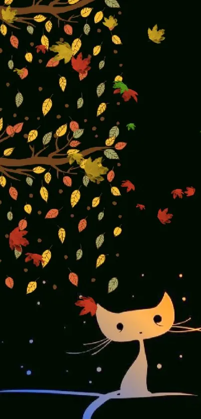 Whimsical cat and leaves on black wallpaper.