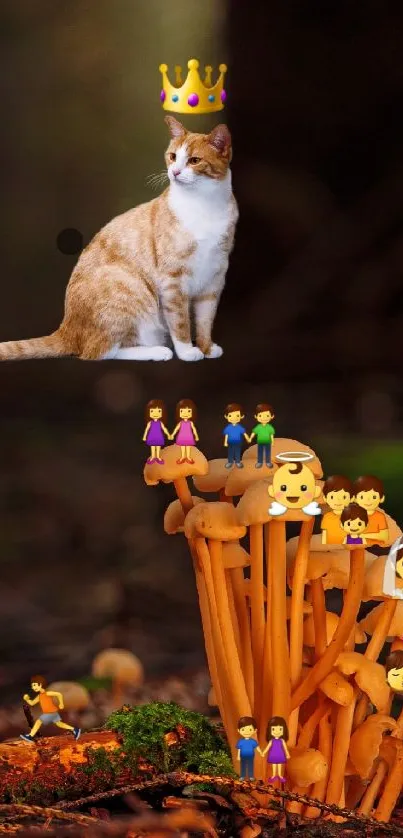 Crowned cat sitting above creative mushroom art.