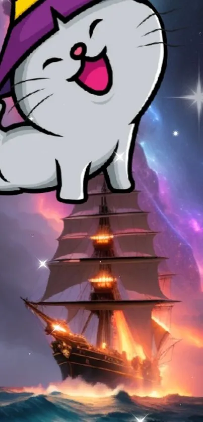 Whimsical cartoon cat with ship under a starry, purple sky.