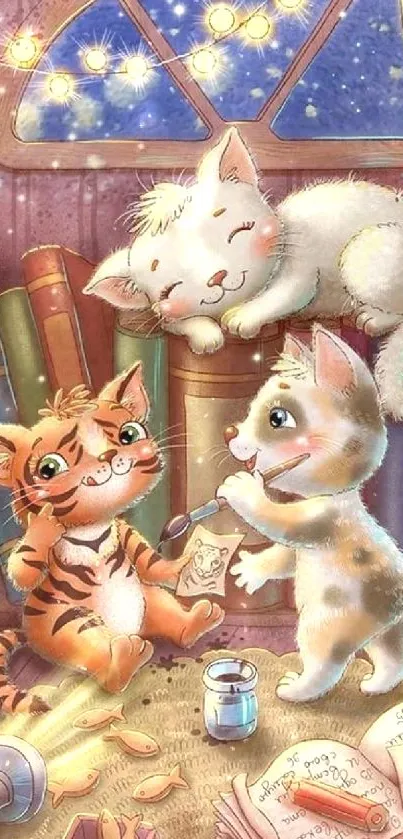 Whimsical artwork of playful kittens in a cozy room with books and fairy lights.