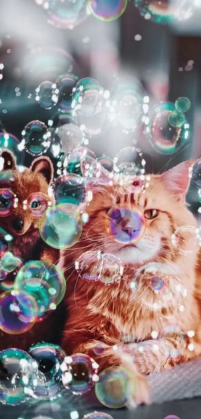 Ginger cat surrounded by bubbles on phone wallpaper.