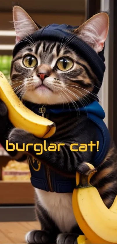 Cat dressed as a burglar holding bananas in a grocery store setting.