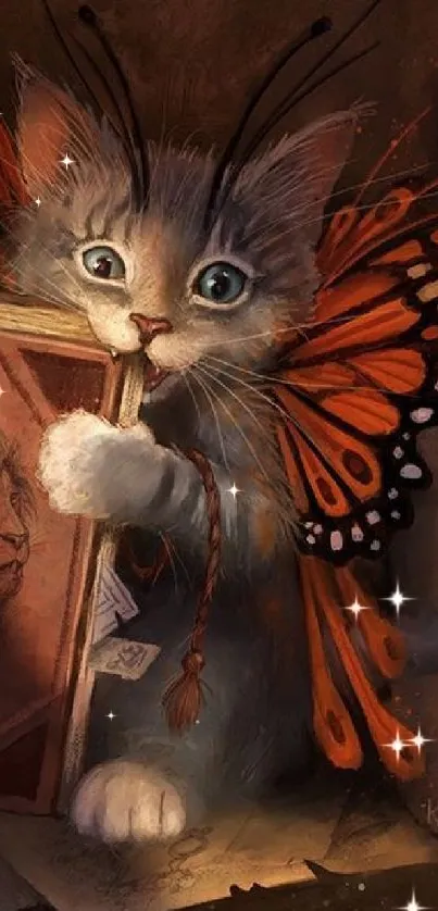 Whimsical cat with butterfly wings in a magical scene.