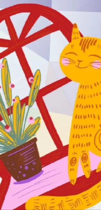 Whimsical orange cat sitting by a window with potted plant illustration.