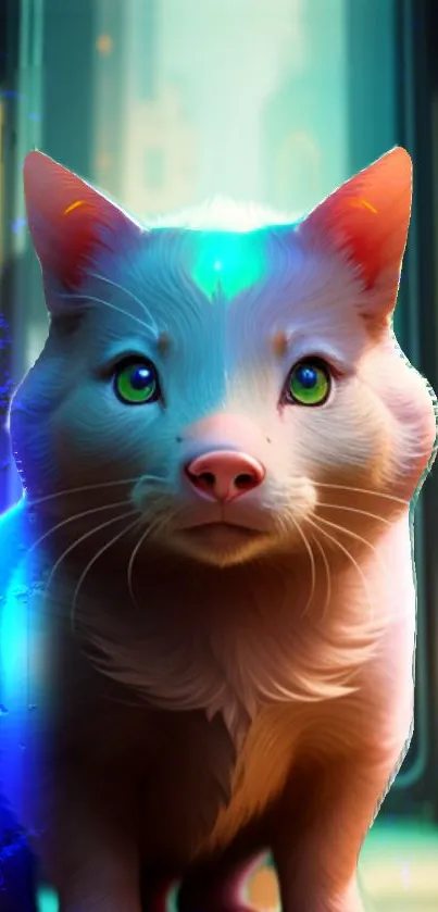 Neon cityscape with whimsical cat illustration in vibrant colors.