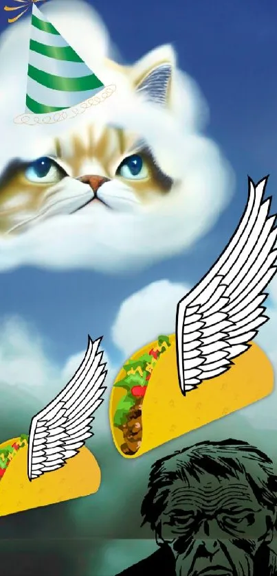 Whimsical wallpaper with a cloud cat, flying tacos, and a quirky figure.
