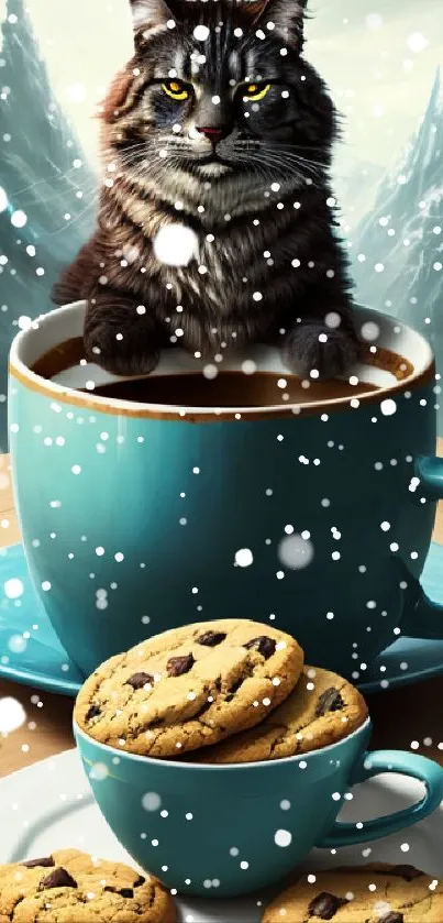 Cat sitting in a coffee cup with cookie plate, mountain background.