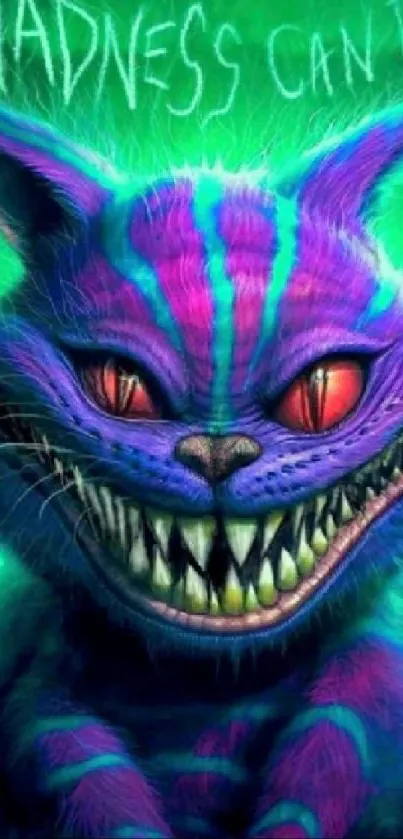 Vibrant fantasy cat art with colorful stripes and glowing eyes.