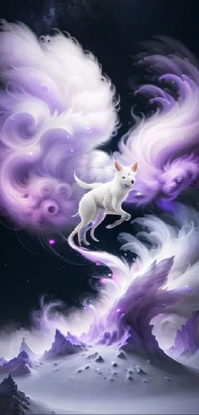 Ethereal white cat soaring through swirling purple clouds in fantasy landscape.