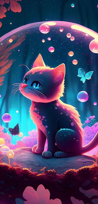Whimsical cat surrounded by glowing orbs and butterflies in a fantasy setting.
