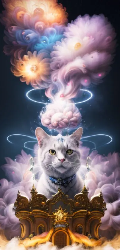 Whimsical cat wallpaper with colorful clouds and fantasy elements.