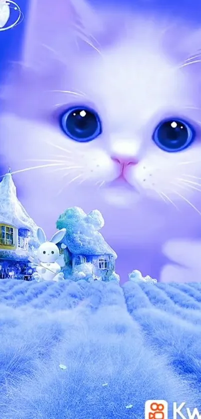 Whimsical blue cat fantasy wallpaper with cozy cottage.