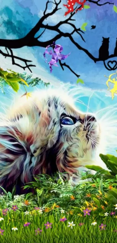 Whimsical cat in nature with vibrant colors and fantasy elements.