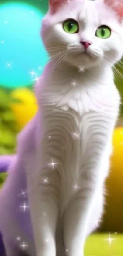 Whimsical white cat with glowing orbs in a fantasy background.